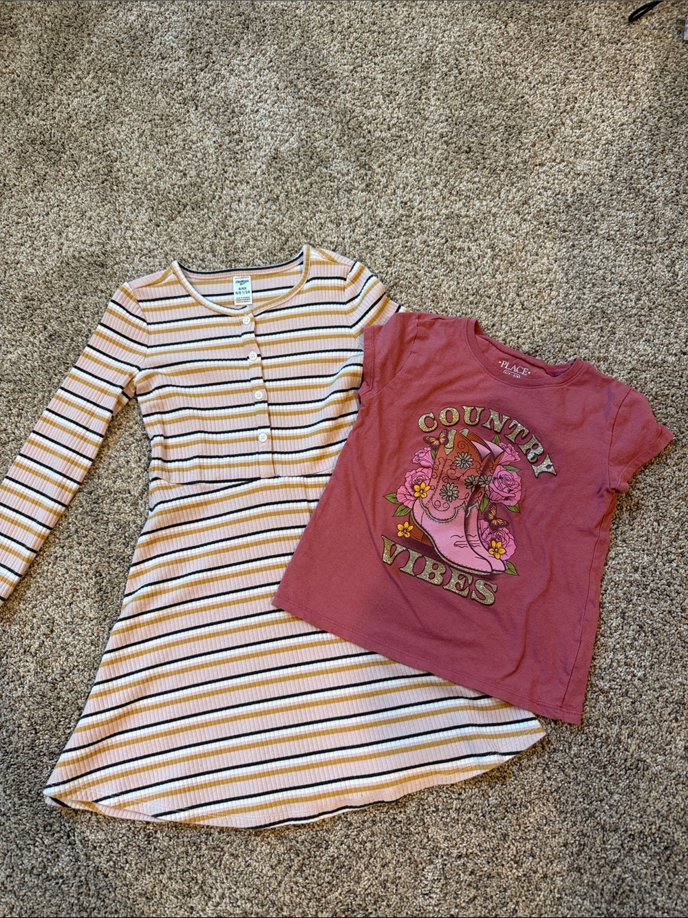 Bundle Place Girls Pink Graphic Tee & Cream Striped Skater Dress